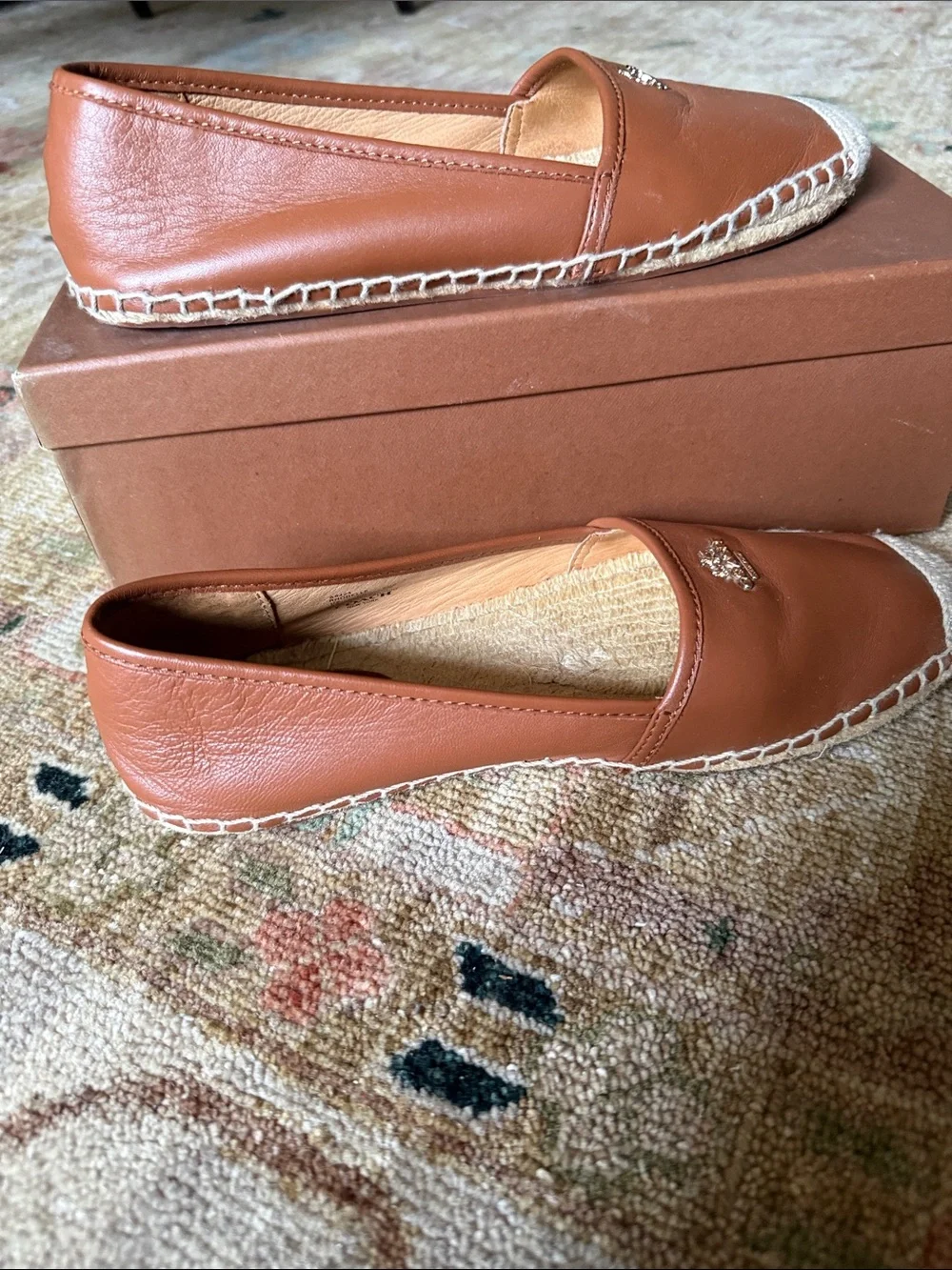 Coach Saddle Brown Leather Espadrille Flats with Gold Logo - Picture 3 of 8